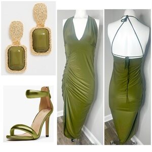 sabora Olive Green Halter Ruched Mini Dress - PRELOVED- LARGE